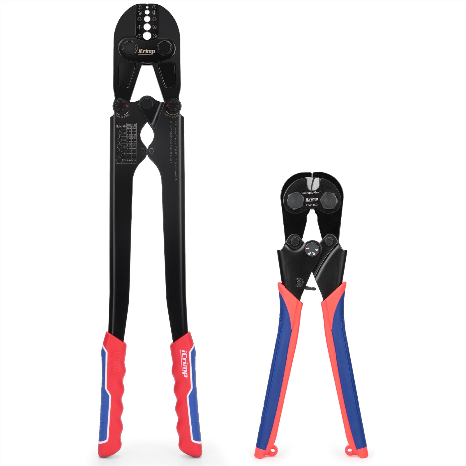 iCrimp Robuste Drahtseil-Crimpzange mit integriertem Kabelschneider, langer Griff, Presspresse für Kupfer- und Aluminiumhülsen, arbeitssparende Crimpzange für 1/16 Zoll - 3/16 Zoll (Ø 1,6 - 4,8 mm