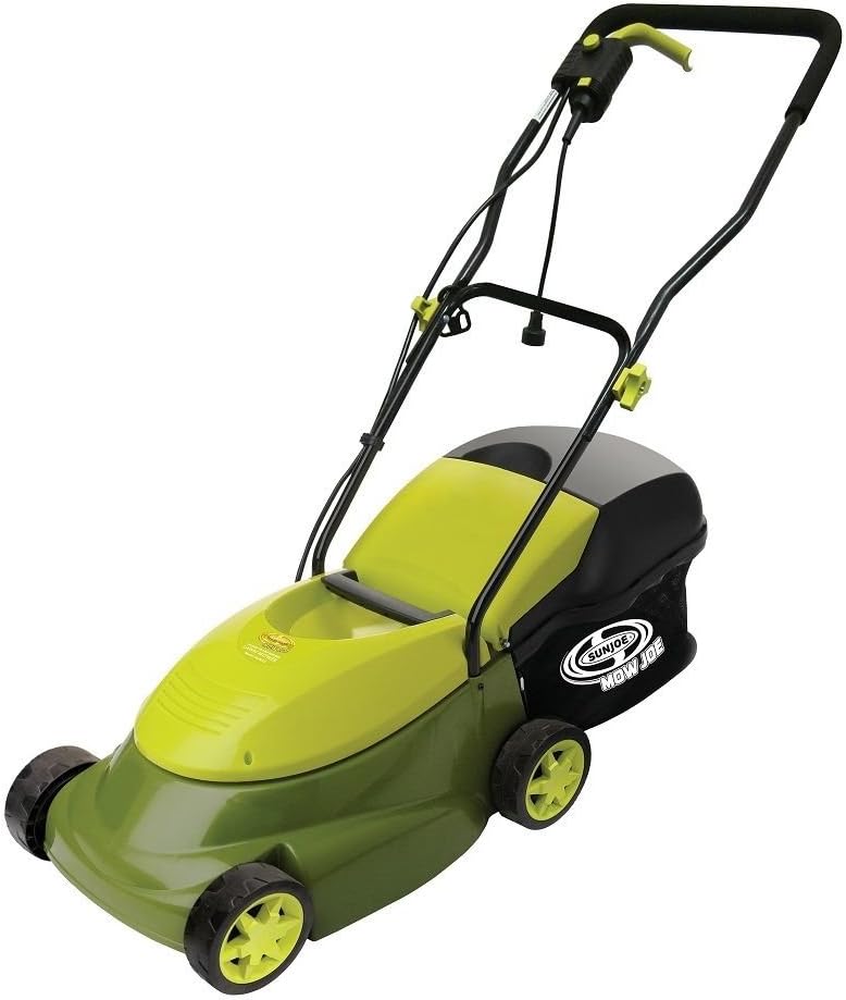 sun joe mj401e-pro electric lawn mower w/collapsible handle, 3-position height control, 10.6-gallon bag and side discharge chute, 14"/13 amp, green
