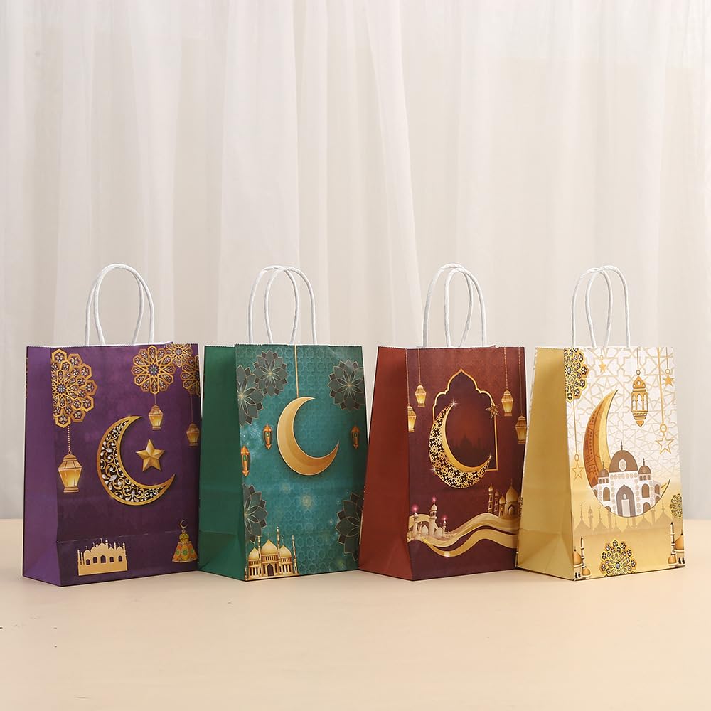 EFARYBALA 4 Pieces Kraft Paper Gift Bags for Ramadan and Eid, Party Bags with Handles for Candy Desserts and Jewelry Gifts, Medium Size (27 cm x 21 cm x 11 cm)