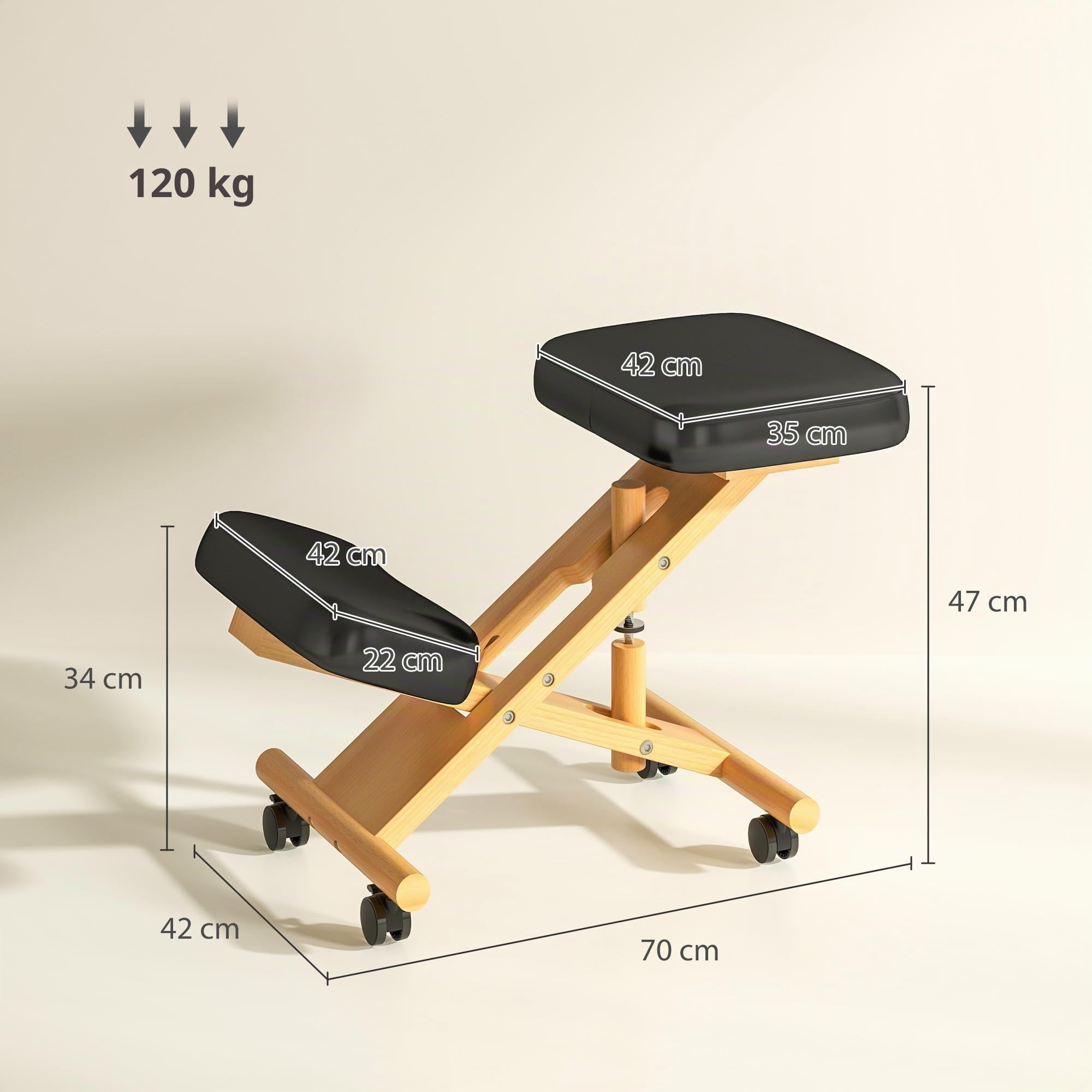 HOMCOM Sedia Ergonomica Inginocchiata con Rotelle in Legno di Caucciù Nero | Sedia Ergonomica Posturale da Ufficio e Casa, Sgabello Ergonomico Inginocchiatoio