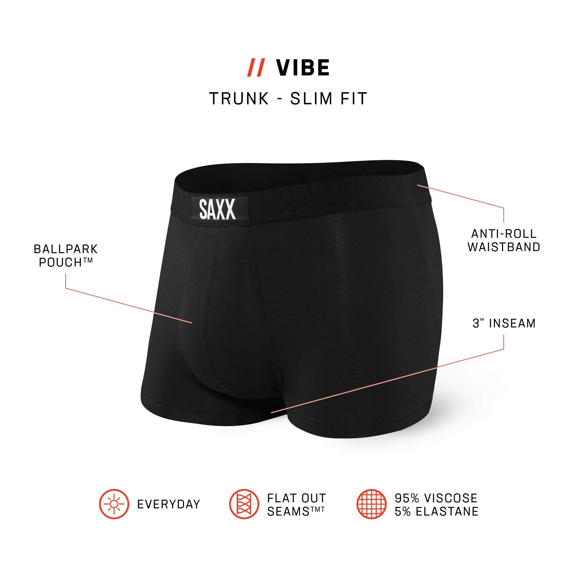 Saxx Men's Underwear Herrenunterwäsche – Vibe Herren-Trunk-Boxers mit integrierter Ballpark Pouch TM Unterstützung – Retroshorts-Unterwäsche für Herren, Core