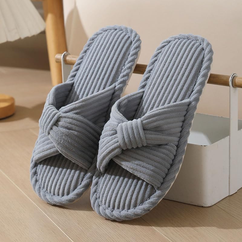 House Slippers for Women Corduroy Cross Bow Indoor Slippers Open Toe Slip On Bedroom Shoes with Memory Foam2