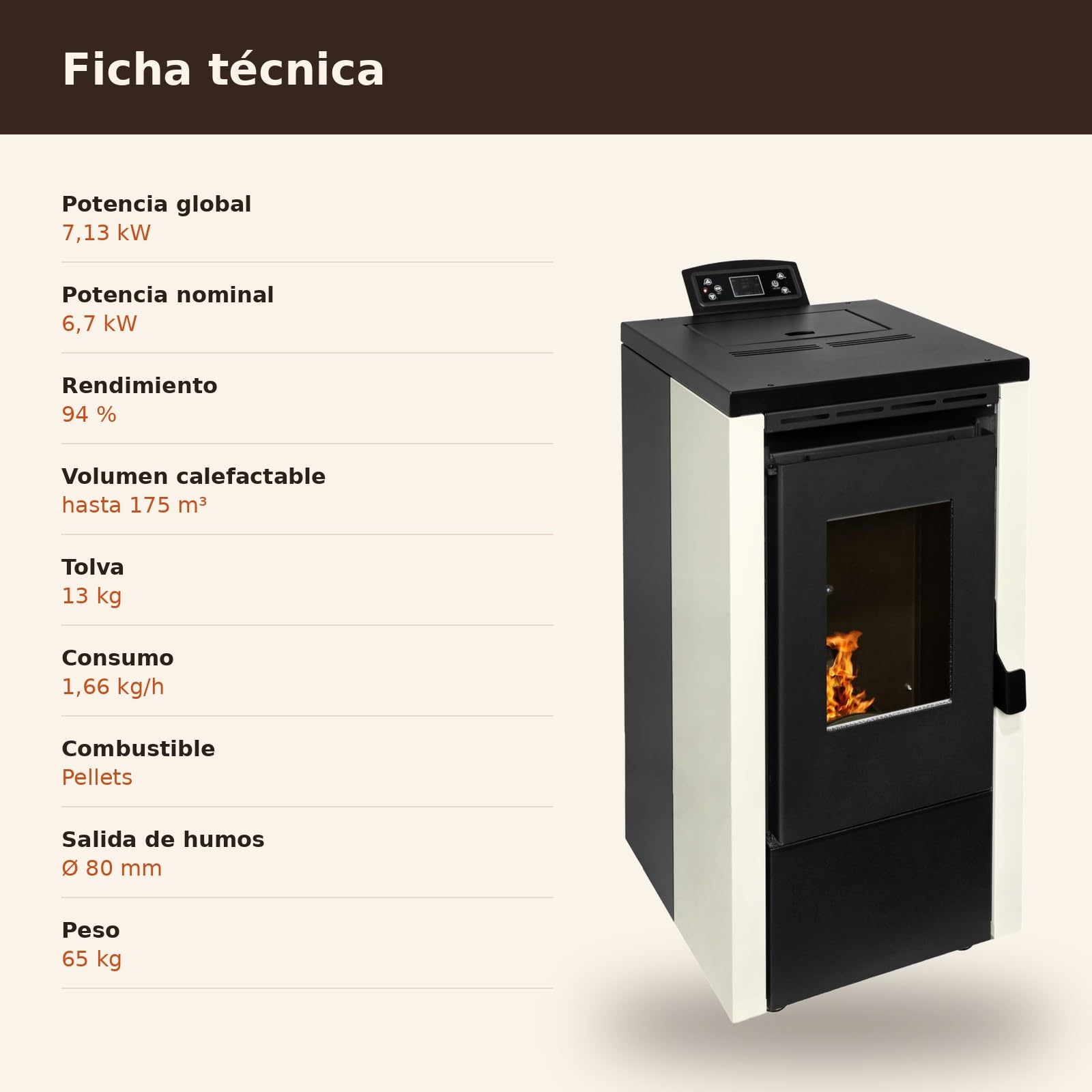 EIDER BIOMASA Estufa de Pellets ELITE 7 – 7,1 kW – Compacta – Rendimiento 94% – Hasta 175 m³ – Tolva 13 kg – Programable WiFi y Mando – Encendido Rápido – Clase A++