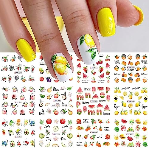 Fruit Nail Art Stickers Decals Summer Colorful Fruit Water Transfer Nail Decals Watermelon Strawberry Lemon Orange Design Summer Nail Decorations Accessories Cute Acrylic Nail Stickers for Nail Art