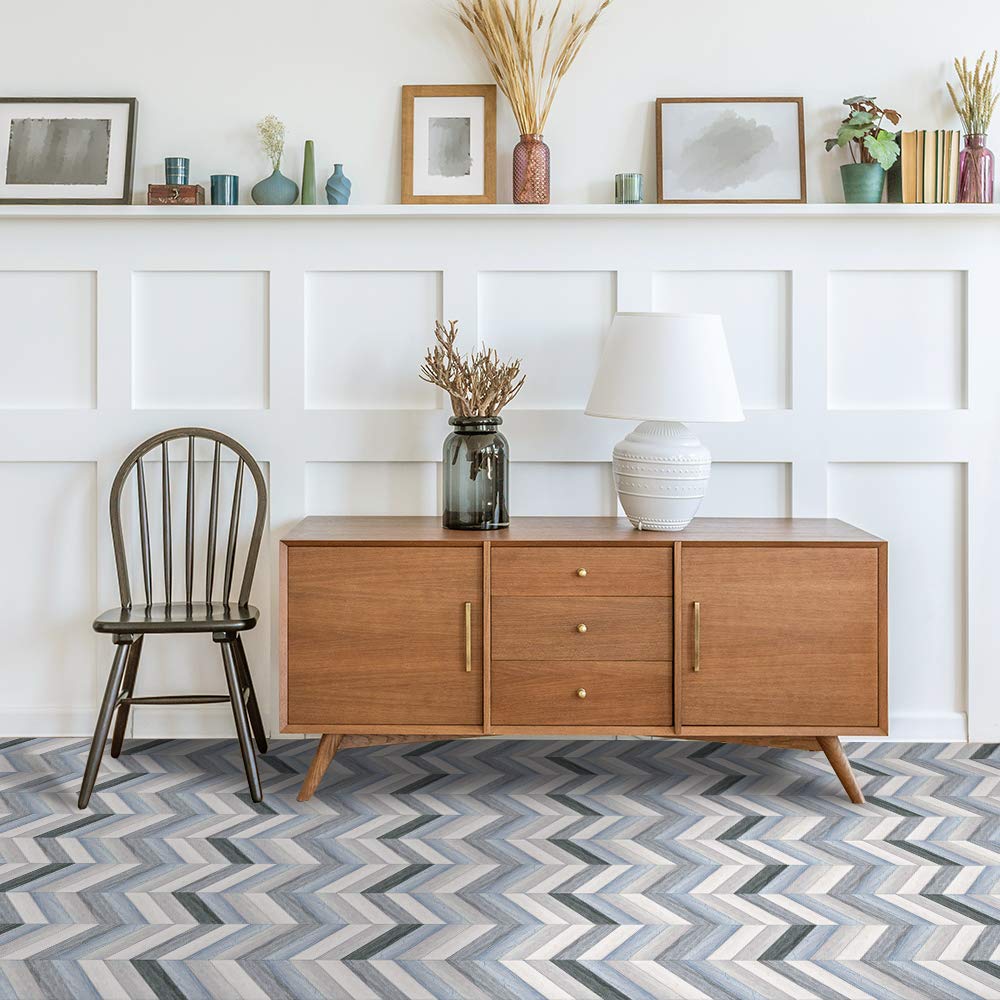 Azulejos de vinilo for suelo y pared, adhesivo autoadhesivo, diseño de chevron azul, 20 x 300 cm, 1 unidad
