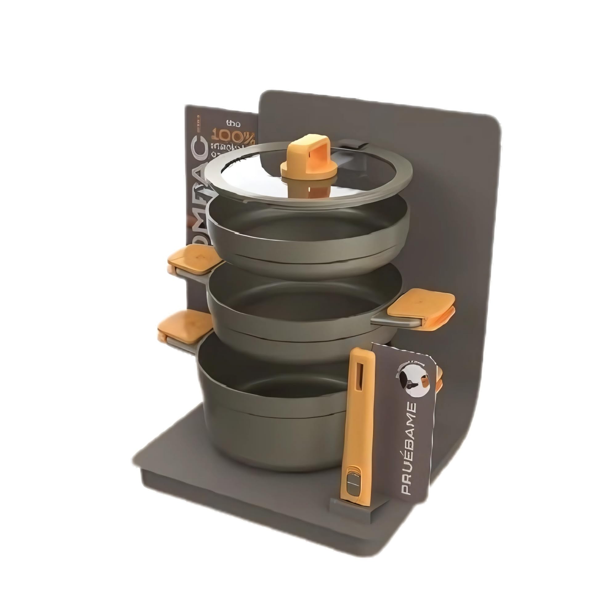 BRA Juego de 5 piezas de batería de cocina apilable antiadherente para placa de inducción con sartén de 24 cm, cazuelas altas y poco profundas, vaporera y tapa de vidrio templado. Juego de utensilios