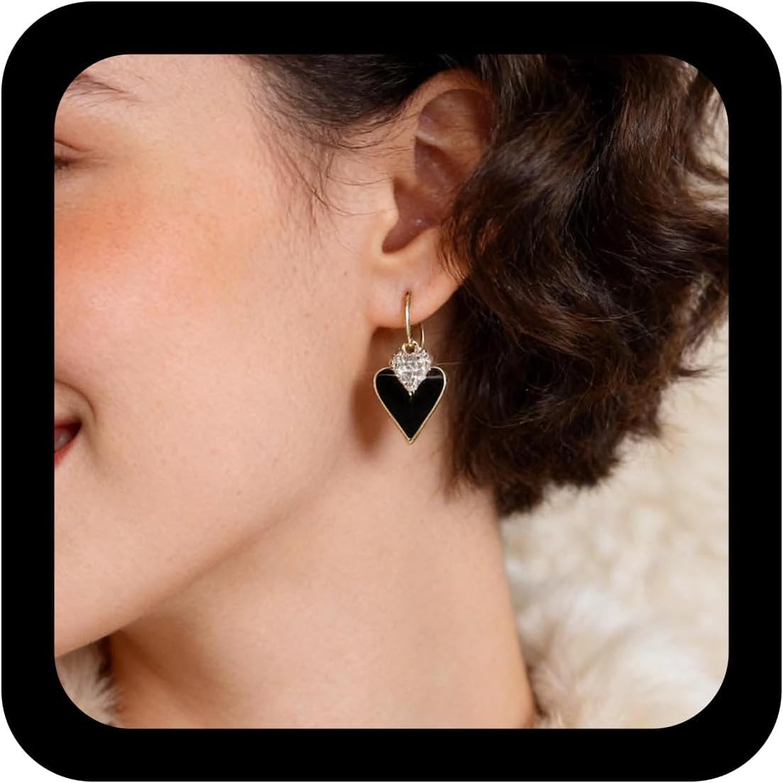 Vintage Crystal Heart Huggie Hoop Earrings Gold Rhinestone Heart Drop Earrings Black Love Dangle Earrings Love Heart Drop Hoop Earrings Jewellery for Women