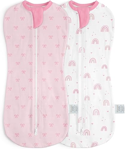 Manta para bebé de 0 a 2 meses, saco de dormir de algodón con cremallera y brazos, mantas para niñas recién nacidas (lazo, arcoíris, paquete de 2)
