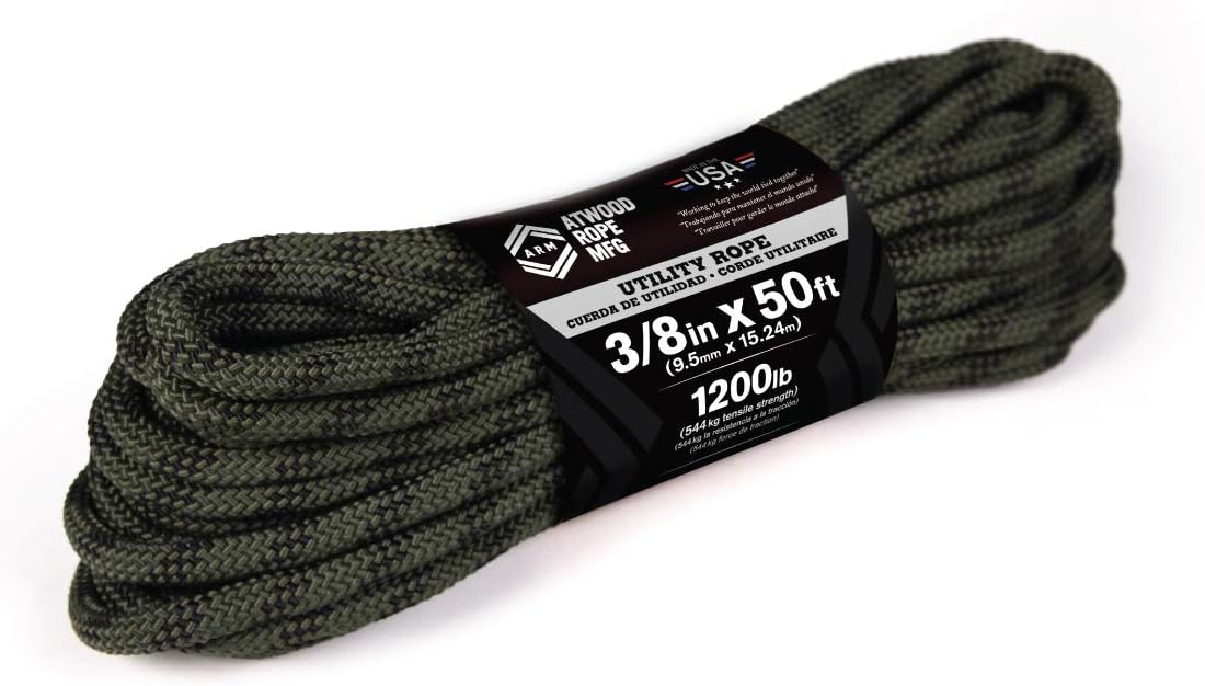 Atwood Rope MFG 3/8” inch 50ft Braided Utility Rope. Camouflage, 50ft Made in USA, Lightweight Strong Versatile Rope for Camping, Survival, DIY, Knot Tying