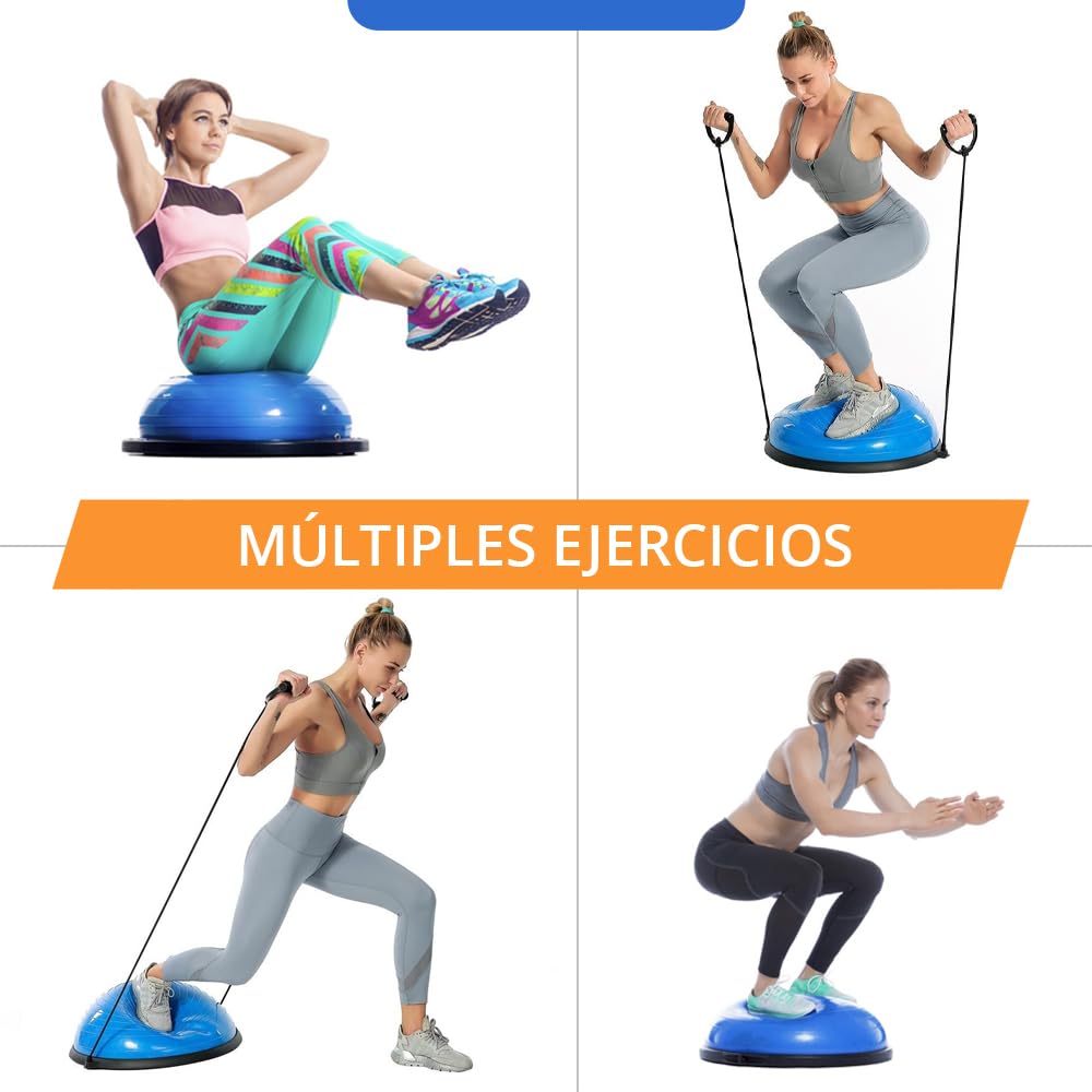 ManiBoom Bola Equilibrio Fitness Ø60cm con Inflador y 2 bandas de Resistencia - Ball ANTIDESLIZANTE para Yoga, Pilates, RECUPERACION Muscular y Estabilidad- Cojin Equilibrio Sensorial y ORTOPEDICO