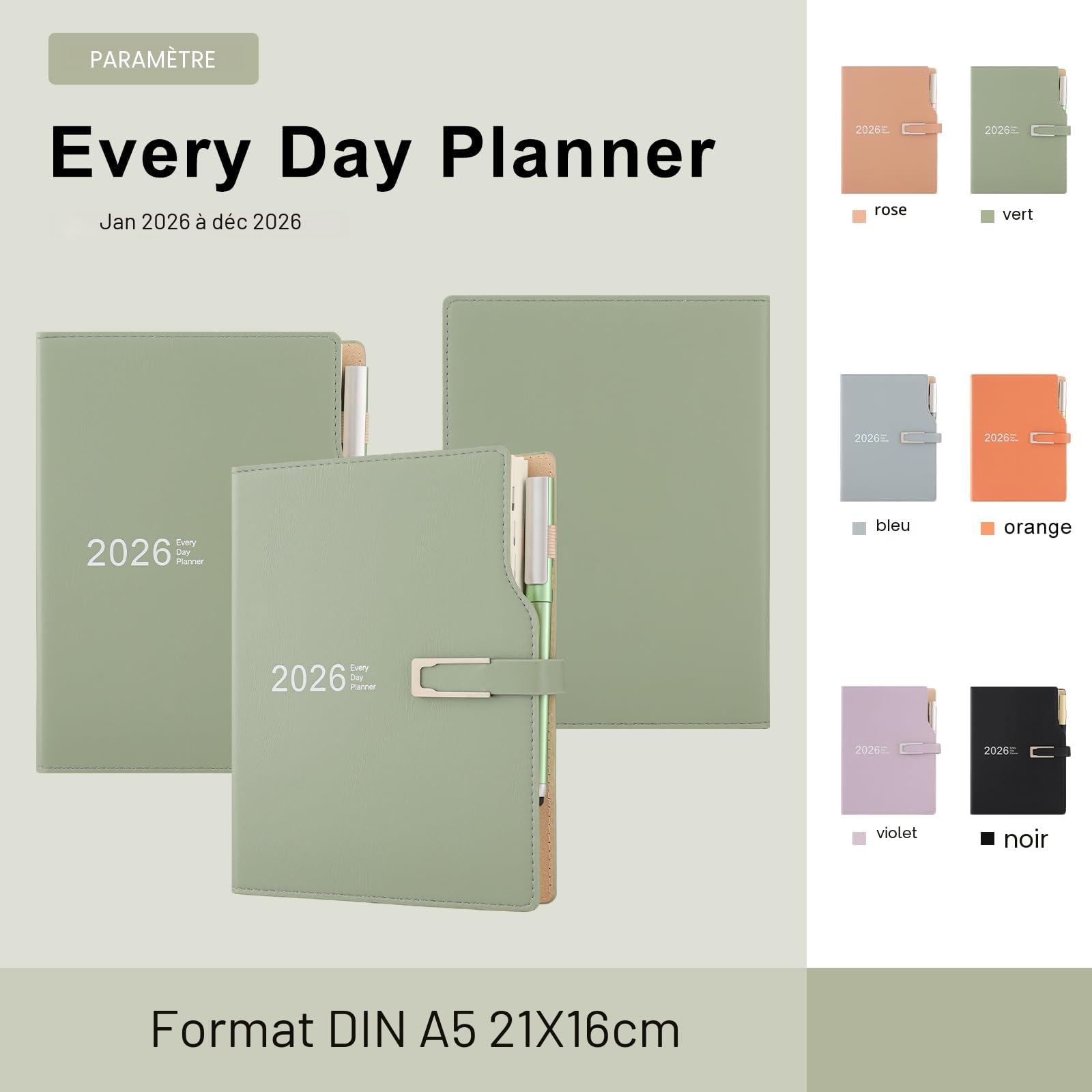 Agenda académique 2026 A5 Un jour par page avec autocollants calendrier porte-stylo et stylo 14 x 21,5 cm vert