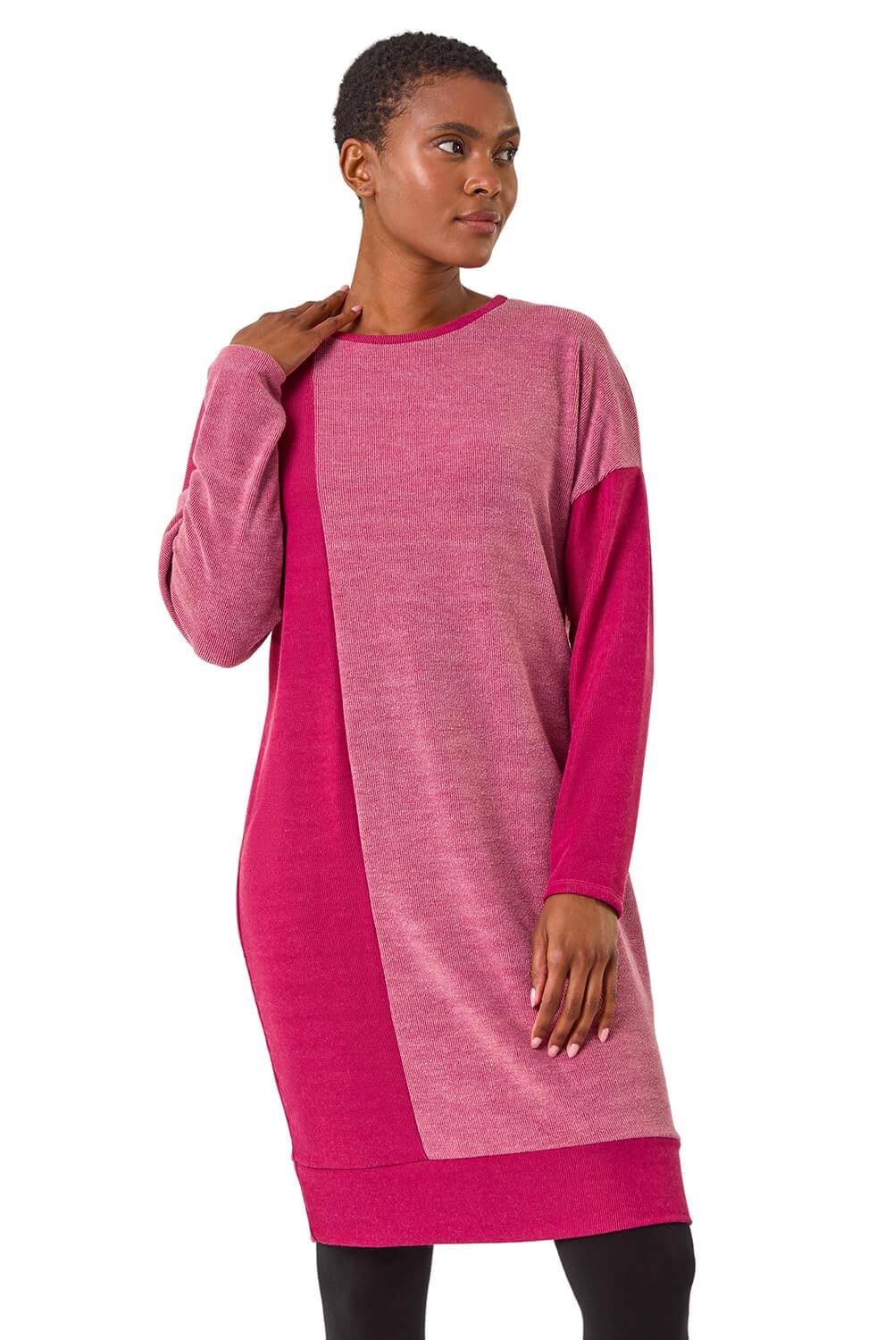 Roman Originals Women's Red & Pink Roman Knitted Jumper Dress For Uk - Colour Block Winter Autumn Smart Casual Office Bodycon Workwear Everyday Long Sleeve Knee Length Knit Pocket - Size 14