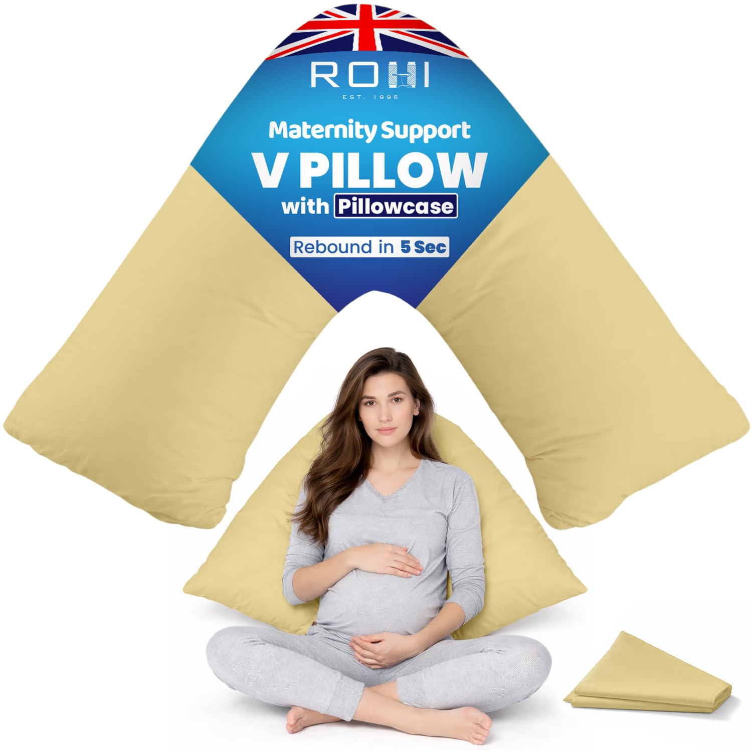 Rohi Latte Orthopaedic V Pillow With Pillowcase – Anti Allergy Triangle Pillows For Adults, Nursing, Maternity & Pregnancy – Extra Hollowfibre Cushioning To Supports Neck, Head & Back (Latte)
