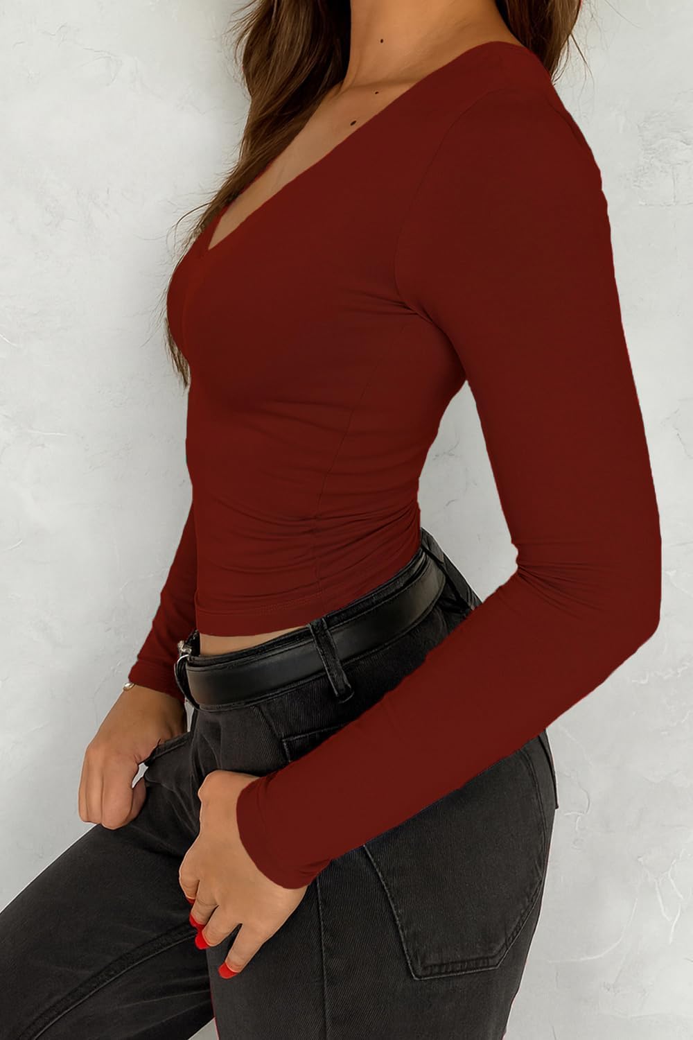 Long Sleeve Shirt for Women V Neck Going Out Top Double Lined Tight T Shirts - Image 3