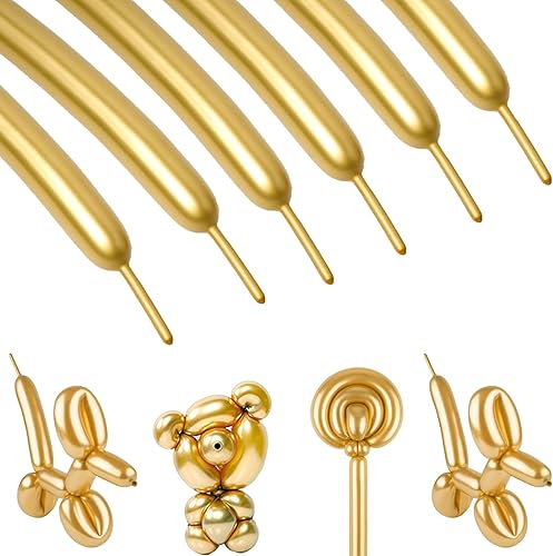 BIEUFBJI Paquete de 260 globos largos metálicos, 50 globos dorados metálicos, globos mágicos, globos de animales para fiestas infantiles,