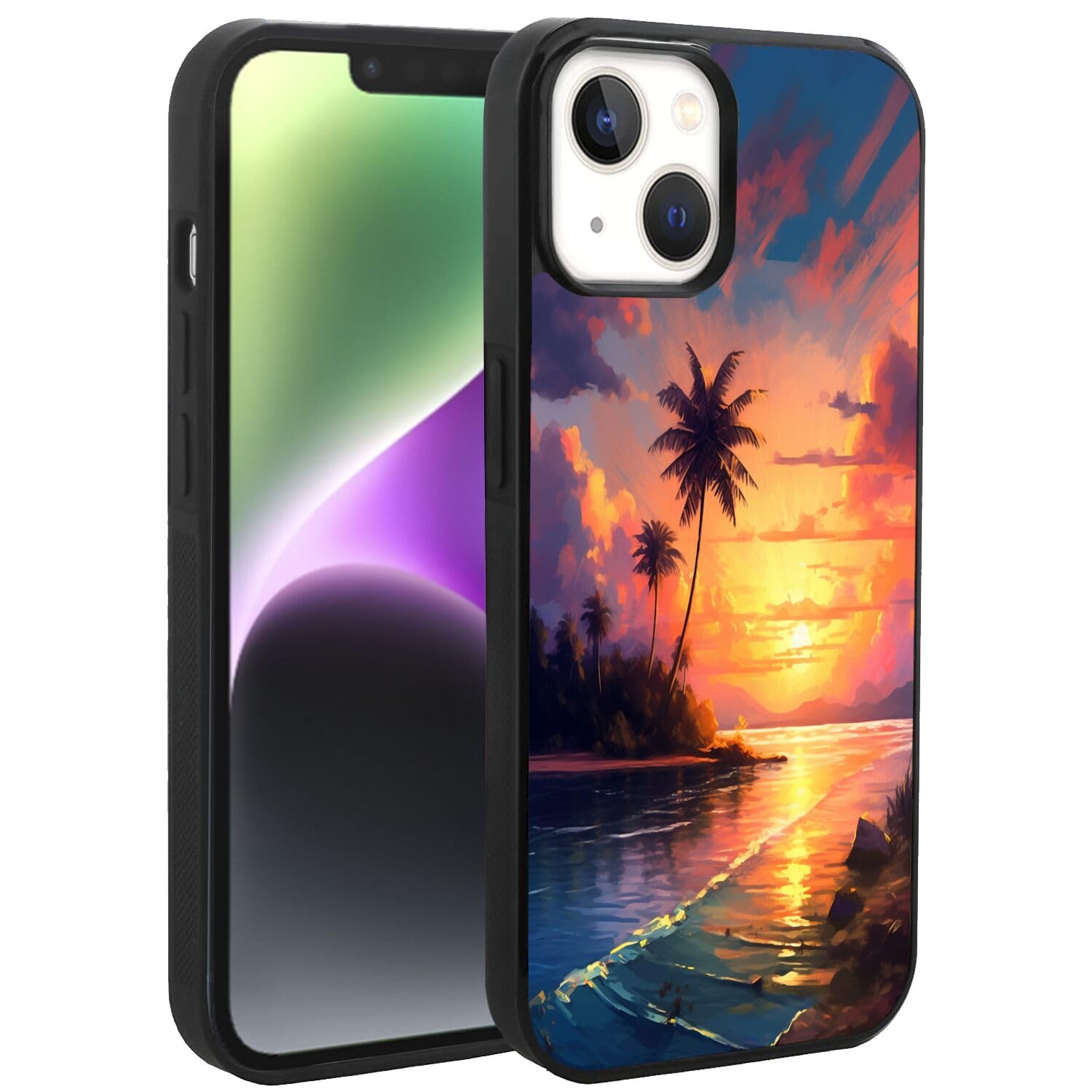 DAFEI Phone Case Compatible with iPhone 14 Plus Beach Sunset Palm-Art cc73 Black Frame Shockproof and Slim Rubber TPU Material with Uniqe Design