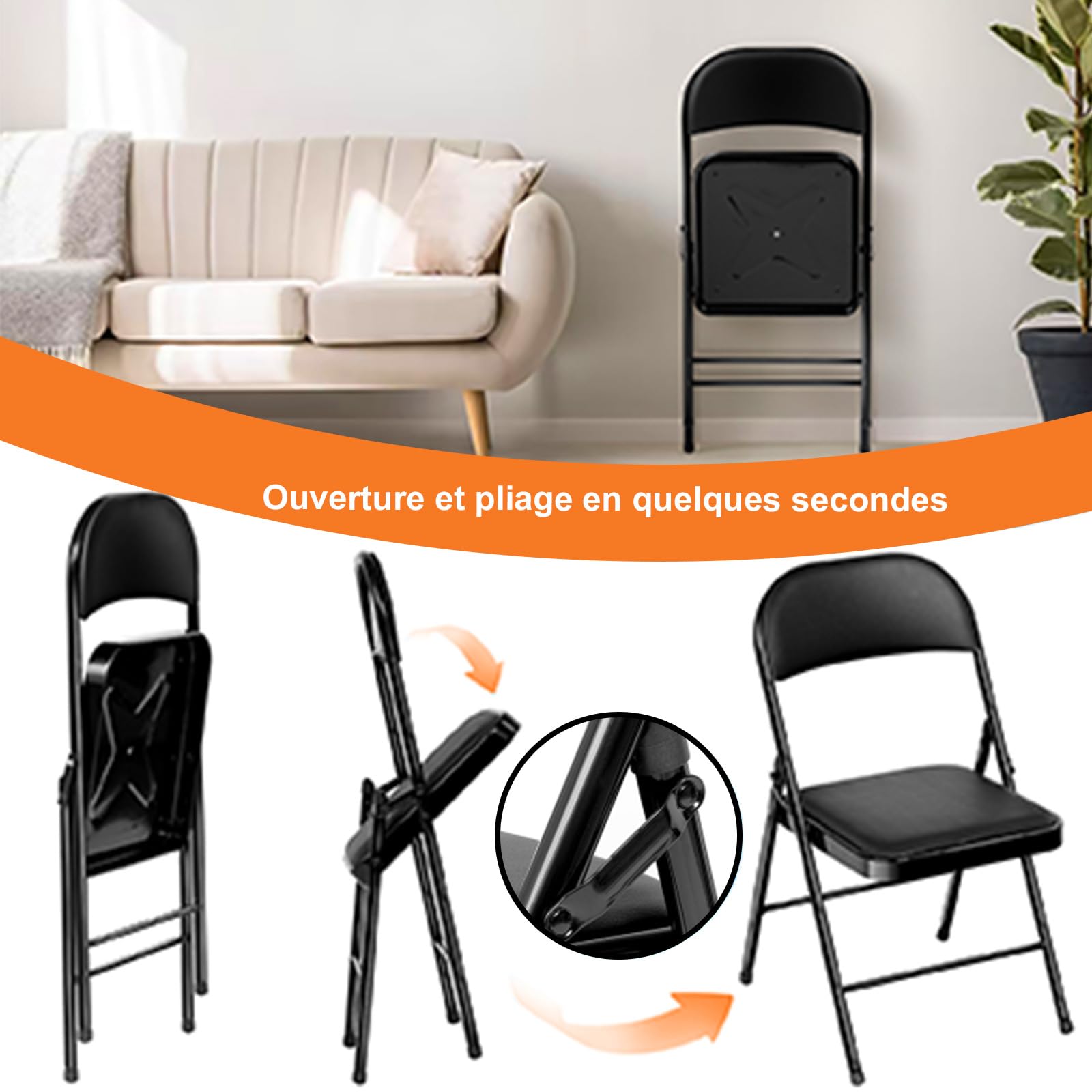 Chaise Pliante Confortable, Set de 6 Chaise Pliante Interieur, Chaise Pliante Exterieur jusqu'à 158 KG,métal Chaise Pliable pour invités, Cuisine, Camping, Chaise de Jardin Pliante Noir