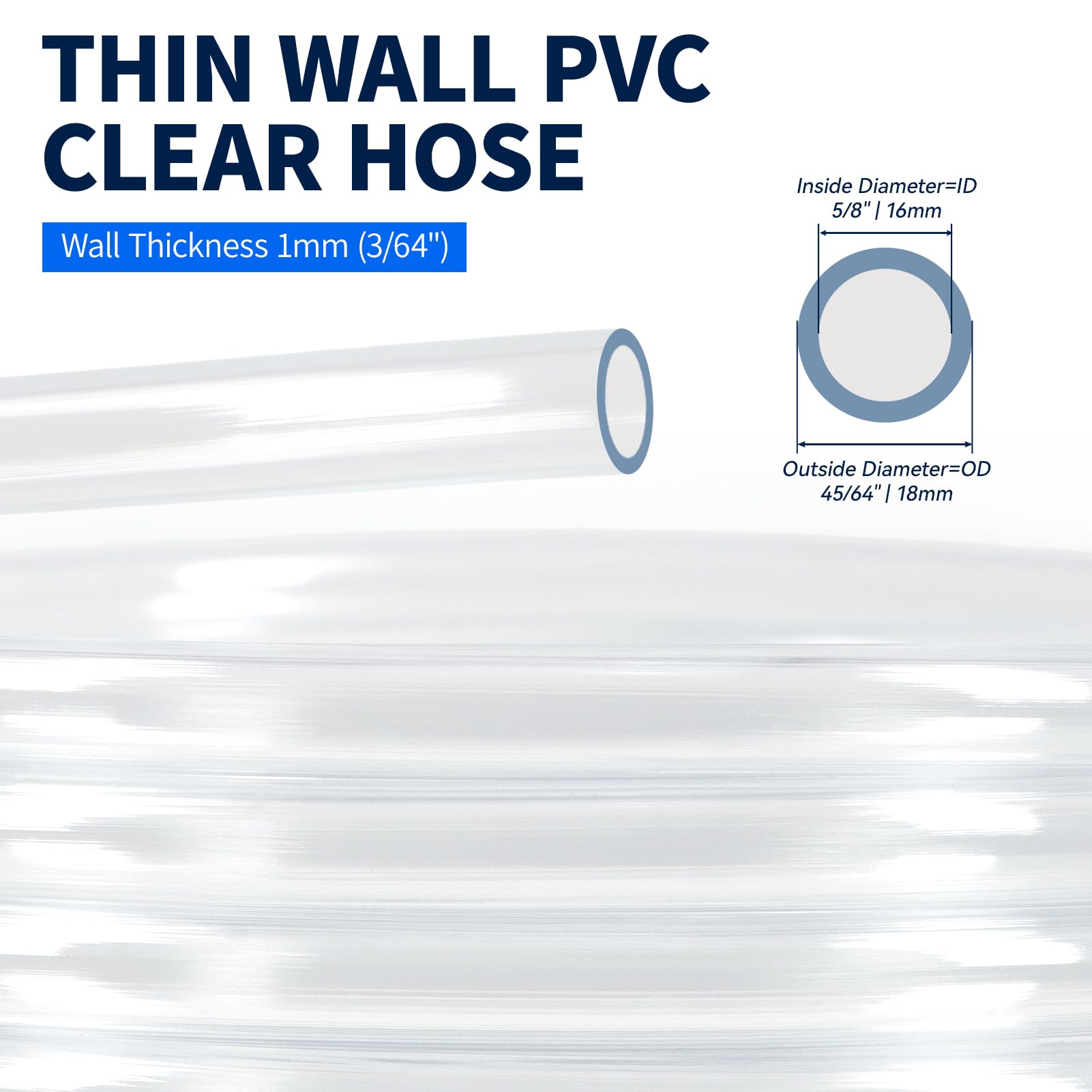 Tuyau Flexible en PVC de 16 x 18 mm, Tube en Plastique Transparent de 5 Mètres, Tuyau à Paroi Mince d'une Épaisseur de Paroi de 1 mm pour Applications Basse Pression