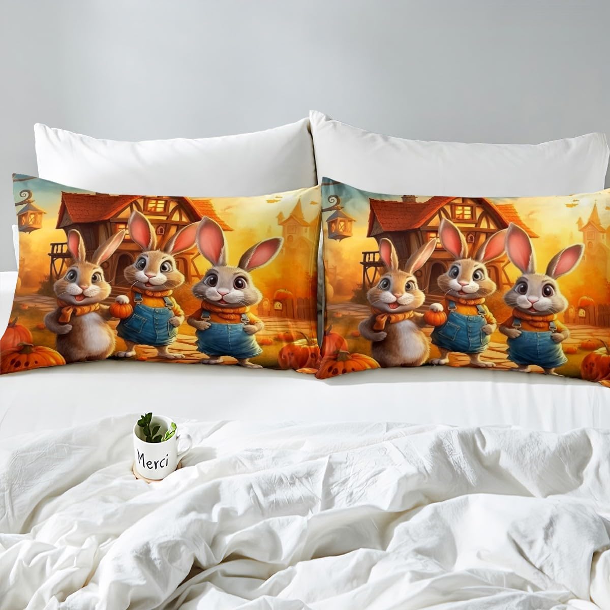 Erosebridal Cute Rabbit Fitted Sheet Full,Farmhouse Animal Print Bunny Bedding Set Kawaii Room Decor,Halloween Pumpkin Bed Set Rustic Cabin Style Cartoon Animals Bottom Sheets Only (3Pcs)