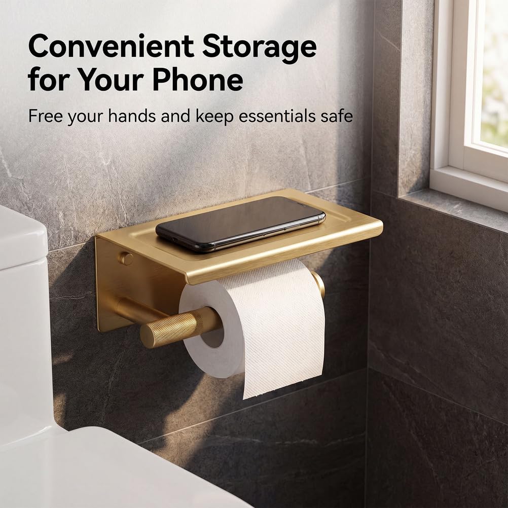 Portarotolo da Parete con Mensola, Carta Igienica Oro Spazzolato per Bagno e Cucina, Ottone, Resistente all'Acqua e Antiruggine | 1