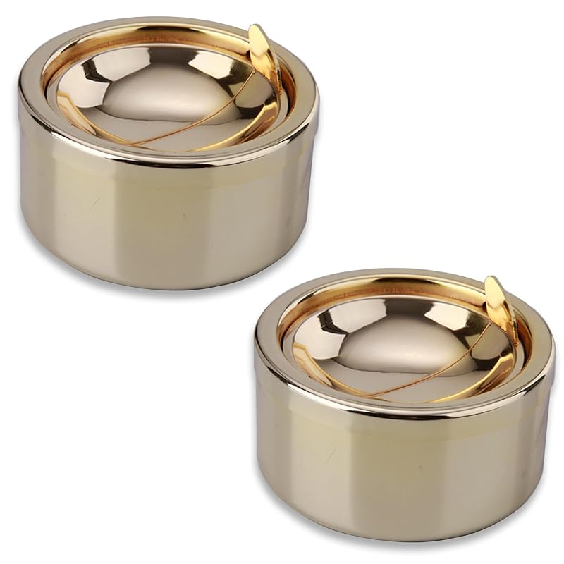 Kit com 2 cinzeiros de mesa em aço inoxidável hanlongyu com tampa, formato compacto, 12 x 5 cm, Polished Gold
