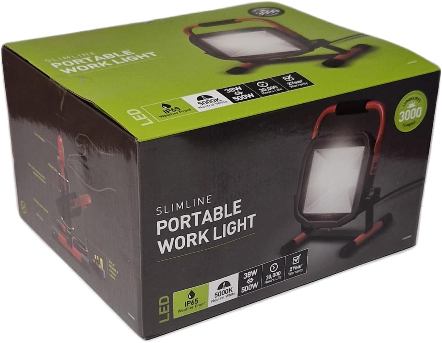 38W Work Light (500W eq), 3800LM Job Site Floodlight, IP65 Waterproof LED, 5000K Neutral White Portable, 2m Cable, Outdoor Garden Lamp, 30000 Hours Life
