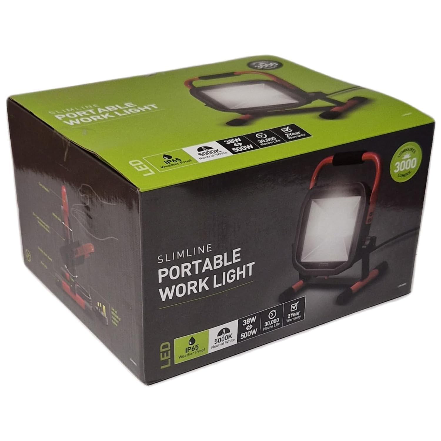 38W Work Light (500W eq), 3800LM Job Site Floodlight, IP65 Waterproof LED, 5000K Neutral White Portable, 2m Cable, Outdoor Garden Lamp, 30000 Hours Life