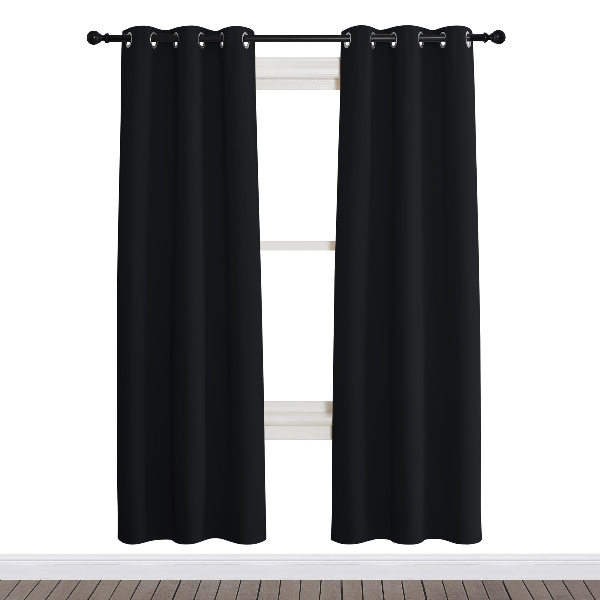 NICETOWN Black Out Curtain Panel Shade, Single Piece, 34 inches Wide by 72 inches Long, Black, Solid Energy Efficient Eyelet Top Window Blind for