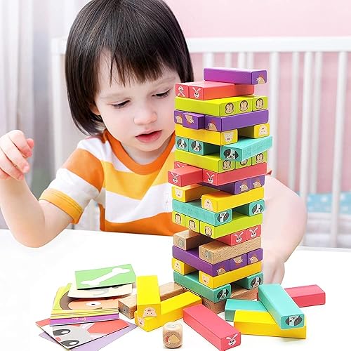 Miniatura 6 de GeekHouse Juegos de mesa apilables de madera para niños, bloques de construcción de colores para niños y niñas (51 piezas)