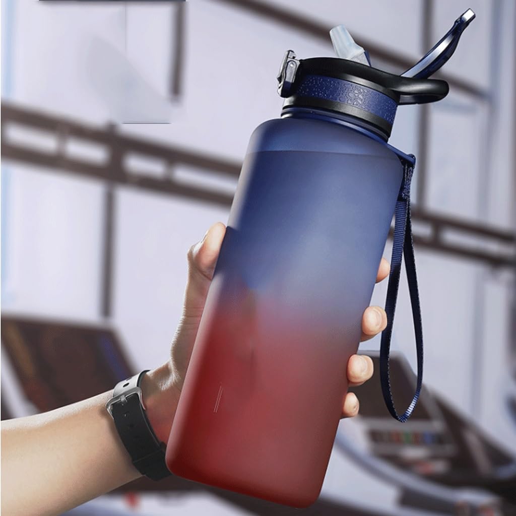Draussen Wasserflasche mit Strohmaterial-Kapazität Wasserkrüge mit Zeitmarker & Sieb, BPA Kostenlose breite Mundwasserflasche Auslaufsicher (Color : Blue, Größe : Straw)