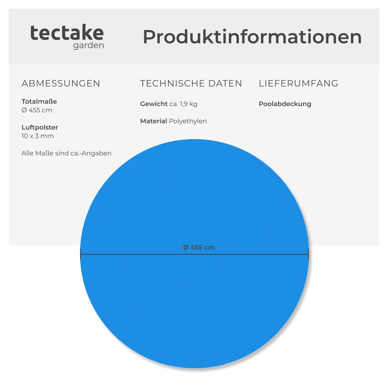 tectake® Poolabdeckung rund, Solarplane Pool, Poolplane rund, Poolzubehör Abdeckplane für Aufstellpool, Pool Garten, Schwimmbecken, Pool Abdeckung mit Noppenfolie als Solar Poolheizung - Ø 455 cm