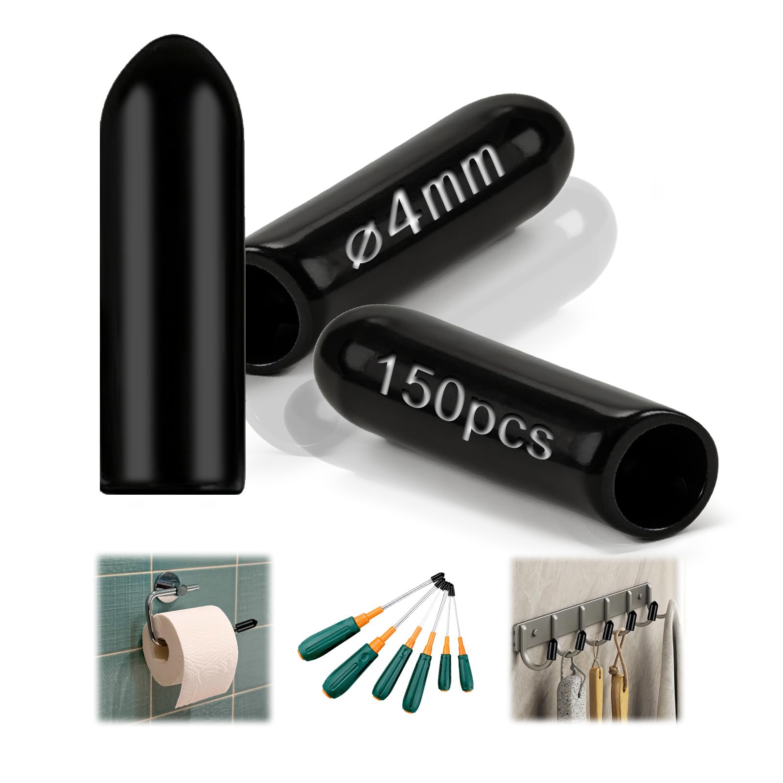 150 Pezzi Tappi Terminali in Gomma 4mm ID, Rotondi Cappucci Terminali in PVC, Copertura Protezioni per Viti, Bulloni, Filettature, Tubi, Gambe di Sedia e Astine, Nero