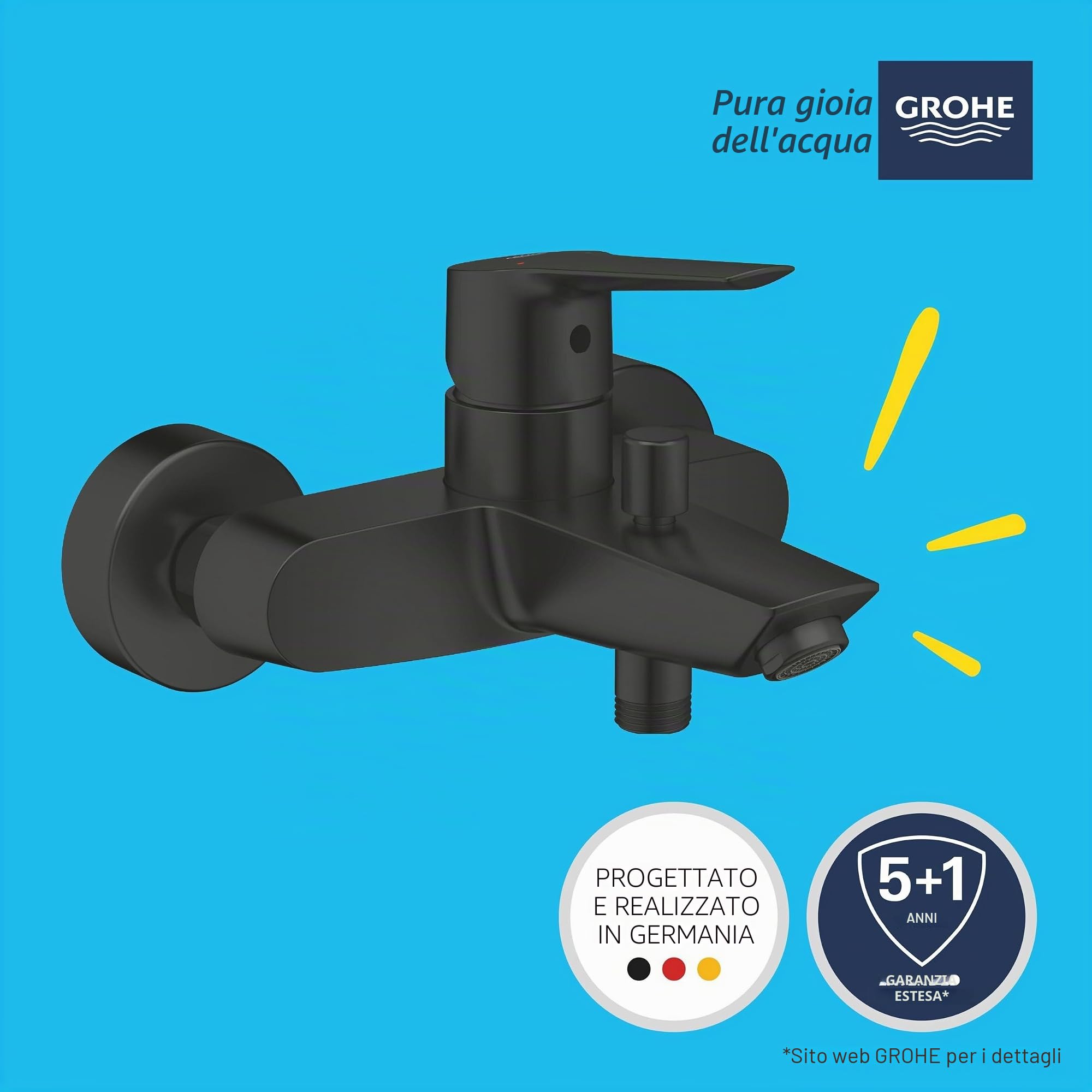 GROHE Start miscelatore monocomando per vasca con deviatore automatico vasca/doccia (montaggio a parete, leva in metallo, cartuccia ceramica da 35 mm, rosette a parete in metallo, QuickSpanner inclus