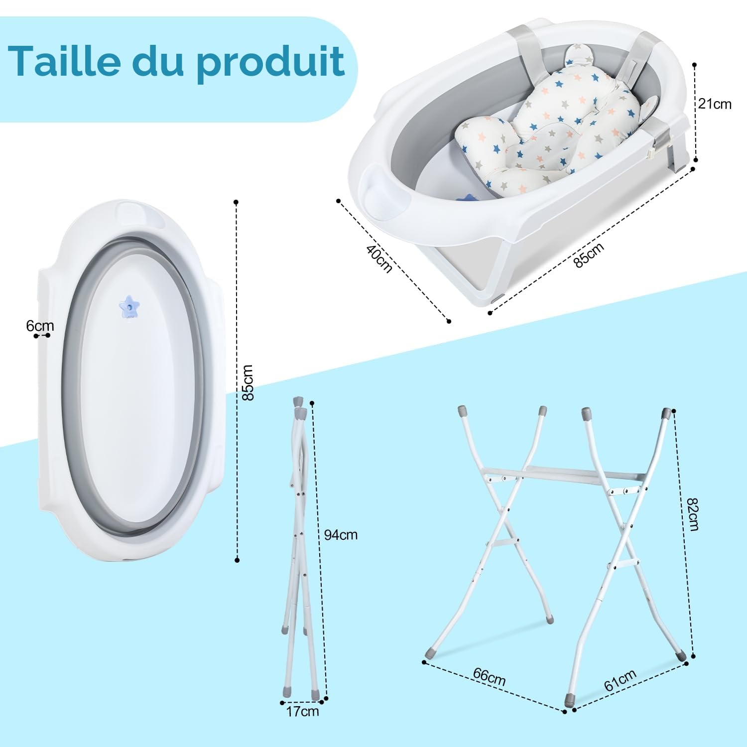 Baignoire pliable pour nouveau-nés et tout-petits avec support antidérapant et tapis de bain, gris