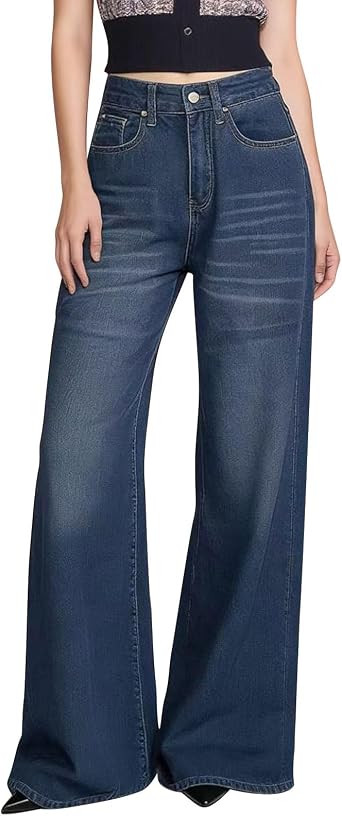 SMIDOW Wide Leg Jeans for Women High Waisted Stretchy Baggy Loose Fit Denim Pants with Pockets Boyfriend Y2k Clothes