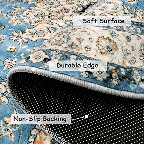Lahome Oriental Floral Medallion Round Rug - 4Ft Blue Vintage Round Kitchen Area Rug, Soft Non-Slip Washable Coffee Table Mat Indoor Accent Laundry Room Carpet For Classroom Entrance Office #TOP1