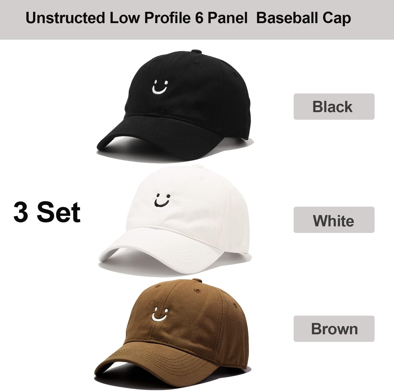 Umeepar 3 Pack Smile Face Cotton Baseball Cap Adjustable Low Profile Unstructured Dad Hat for Men Women - Image 2