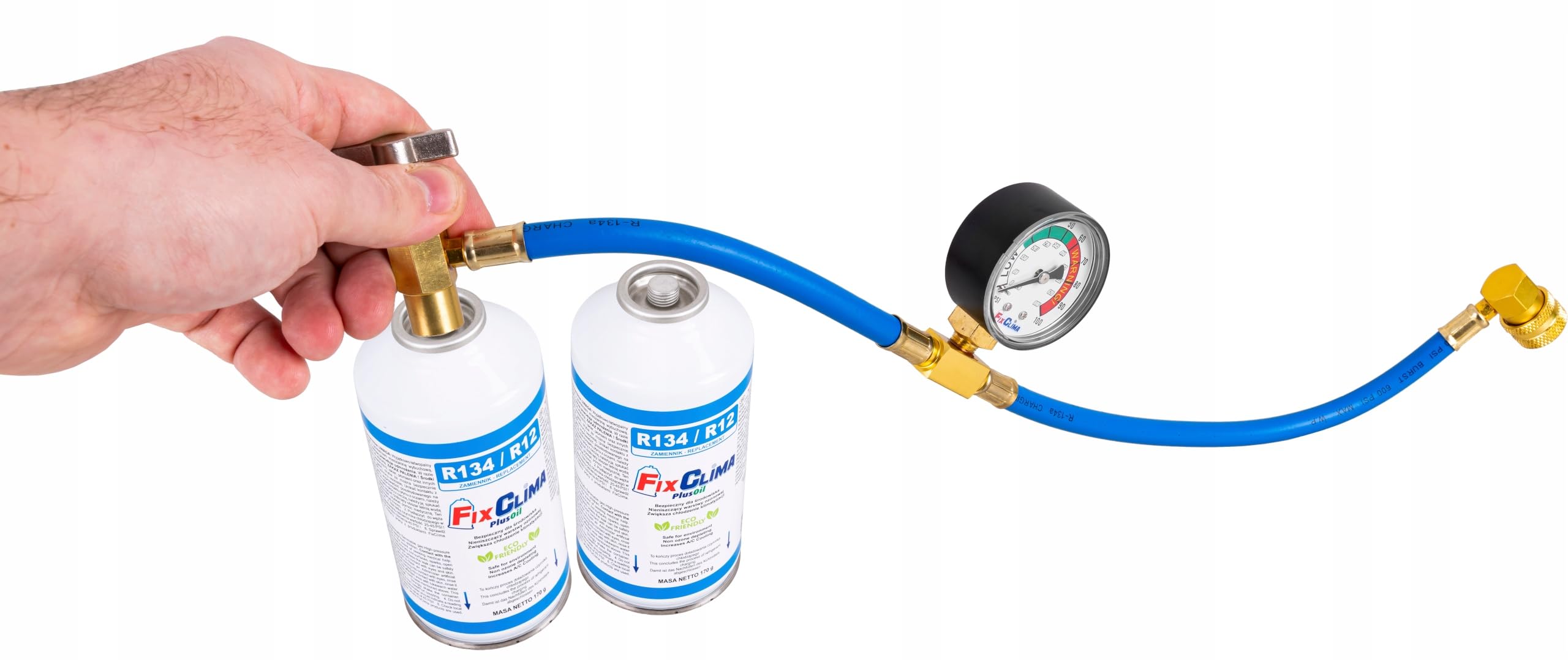 FixClima Klimaanlage Auto Nachfüllset R134a R12 Ersatz – 2x Kältemittel Gas (2x 170g) & Füllschlauch mit Manometer – für Fahrzeuge 1994-2016 – Inkl. Öl & Dichtungsmittel – DIY Klimaservice Set