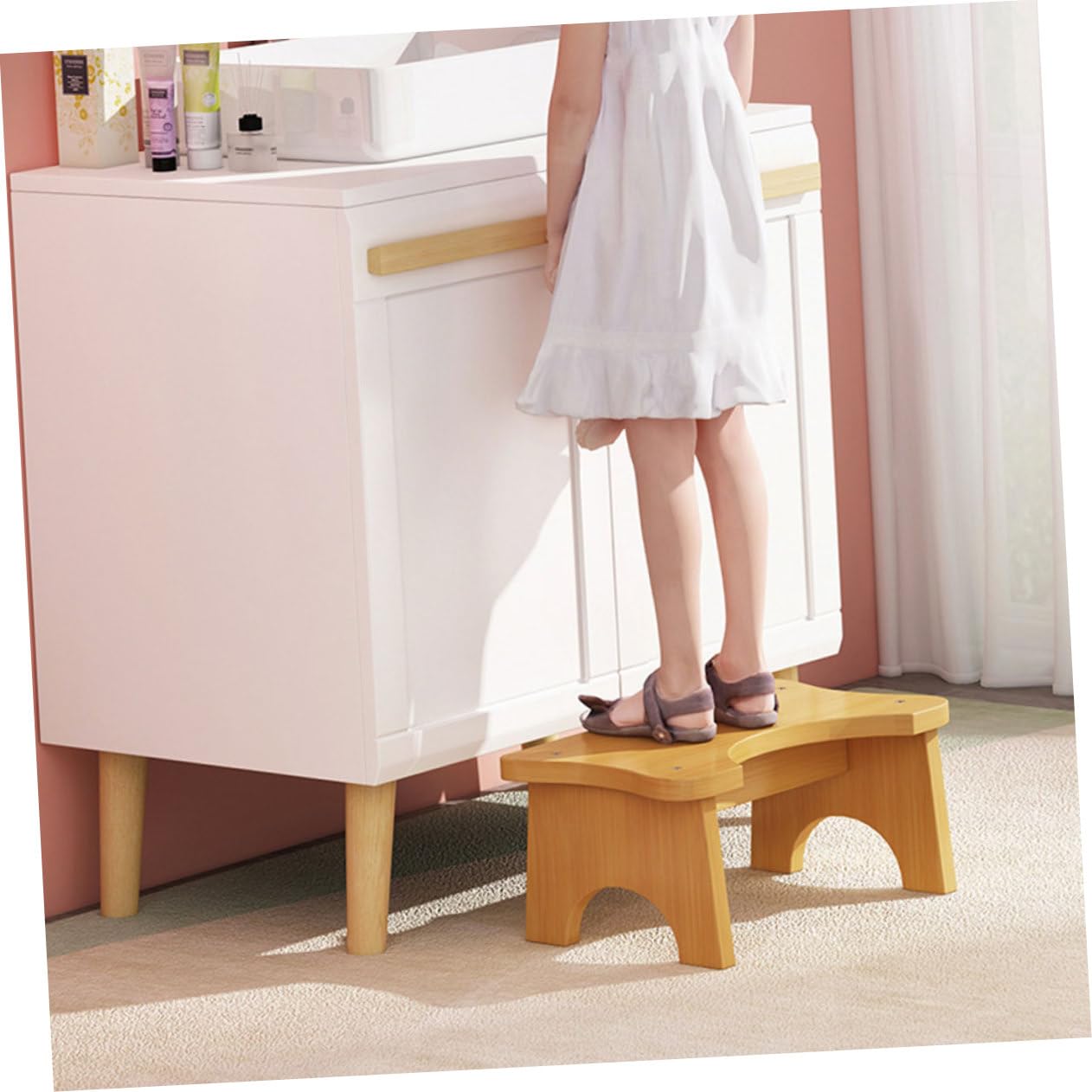 Stabiler Holz Fußhocker fürs Badezimmer Kompakter Toilettensitz Trittschemel Rechteckig Praktischer Hocker für Kinder und Ganze Familie