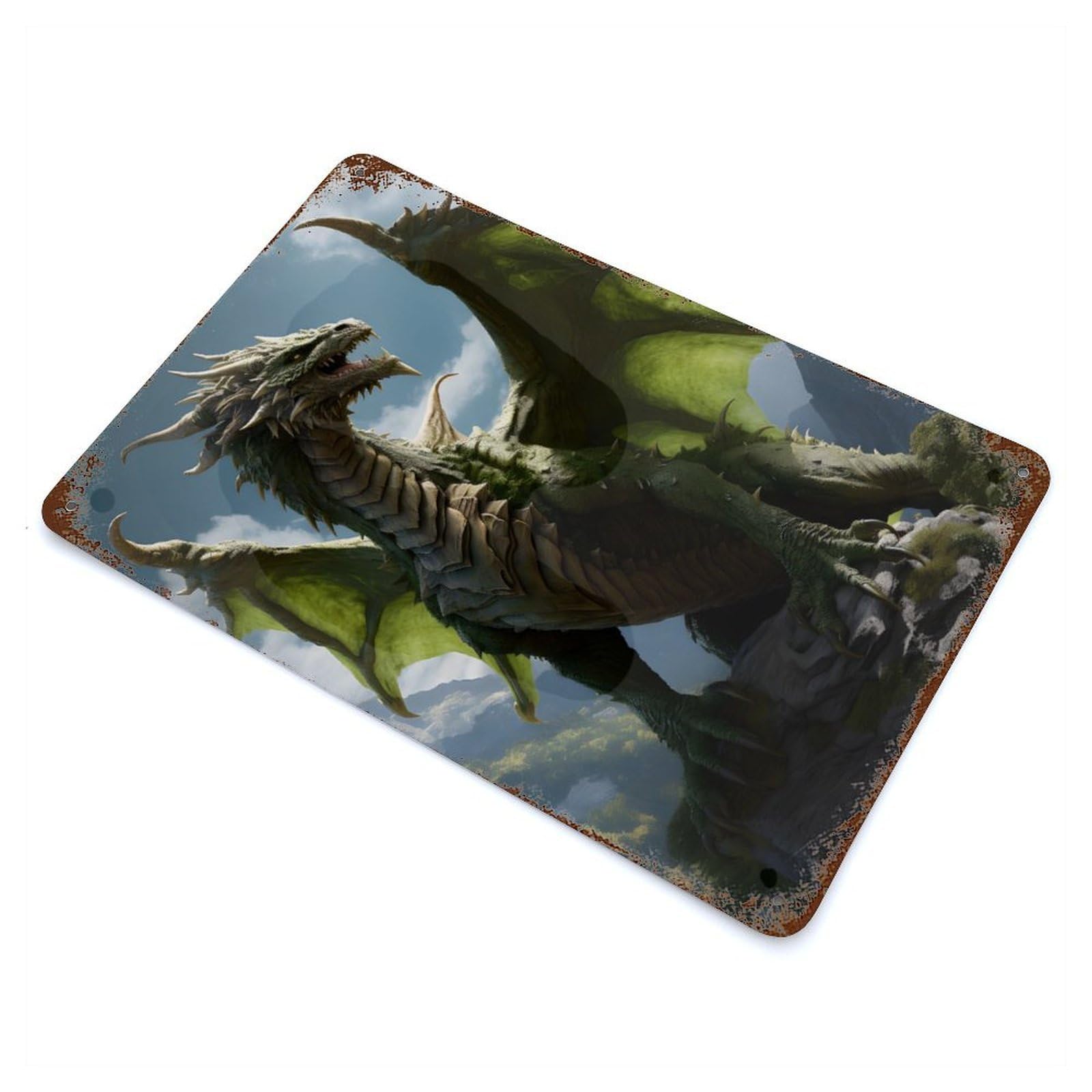 Garage Style Green Earth Elder Dragon Aged Metal Wall Plaque 11.8"x7.9", Farmhouse Wall Decor for Bar And Workshop
