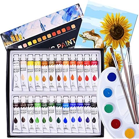 Acrylic Paint, 24 Colours Acrylic Paint Tube Set 12 ml Watercolors Painting Kit Oil Paints Set with 3 Paintbrushes, 1 Palette, 1 Canvas for Beginners, Professional Artist & Kids Cover