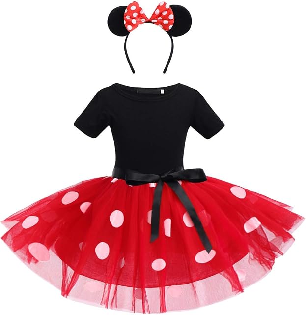 FYMNSI Mouse Dress Up for Girl Halloween Costume Kids Baby Polka Dots Princess Tutu Tulle Dress with Cartoon Ear Headband Set Birthday Party Carnival Cosplay