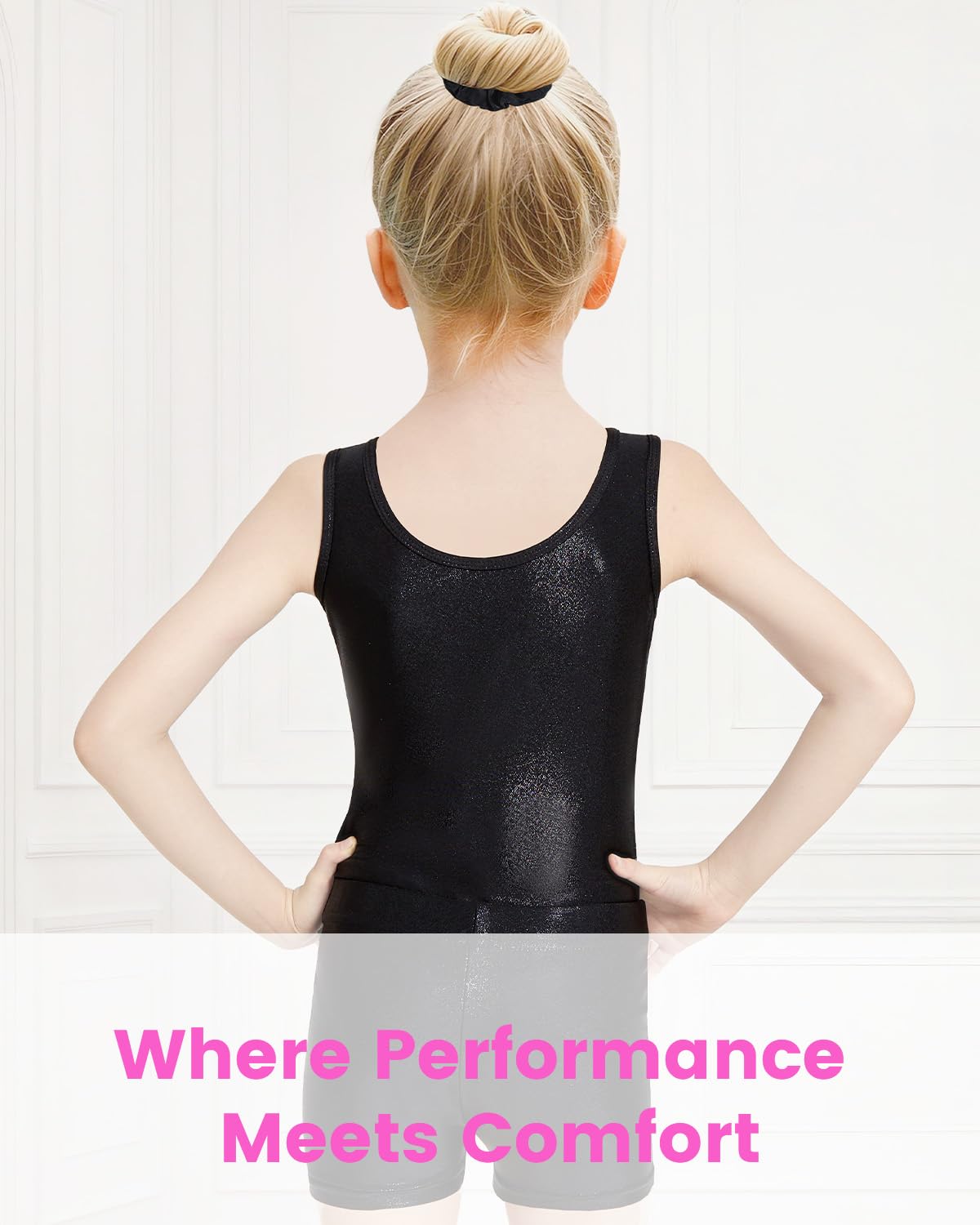 Gogokids Conjunto de gimnasia de tres piezas para niña, cuello en Y, sin mangas, con pantalones cortos y diadema, traje de gimnasia con diseño de bloques de color azul y morado, 3-12 años — view 7
