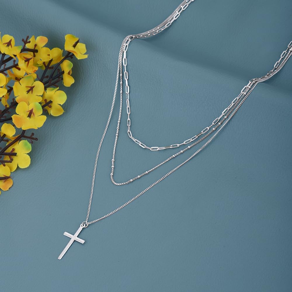 Vanbelle Sterling Silver Jewelry - Rhodium Plated with 925 Stamp - Three Layers of Chain Necklace with Cross Pendant for Women - 16.5" long + 2" Extender - Valentine's Collection Necklace - Image 7