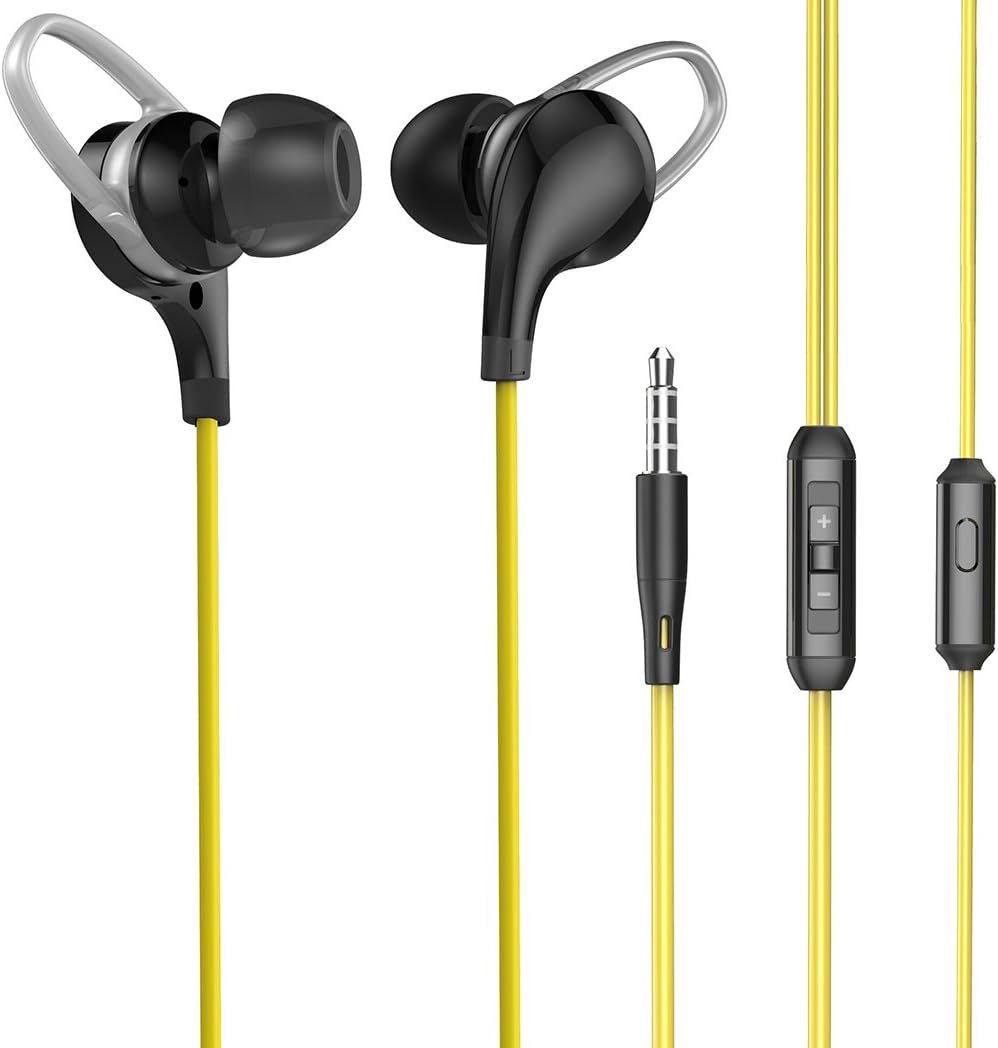 BoYaZ Earphones Earhook Premium Stereo Earbuds Noise Isolating Bass In-ear Headphones with Mic & Remote Control Sports Running Gym Hiking Jogger Exercise for All Smartphone Ipod Tablet (11-Yellow)