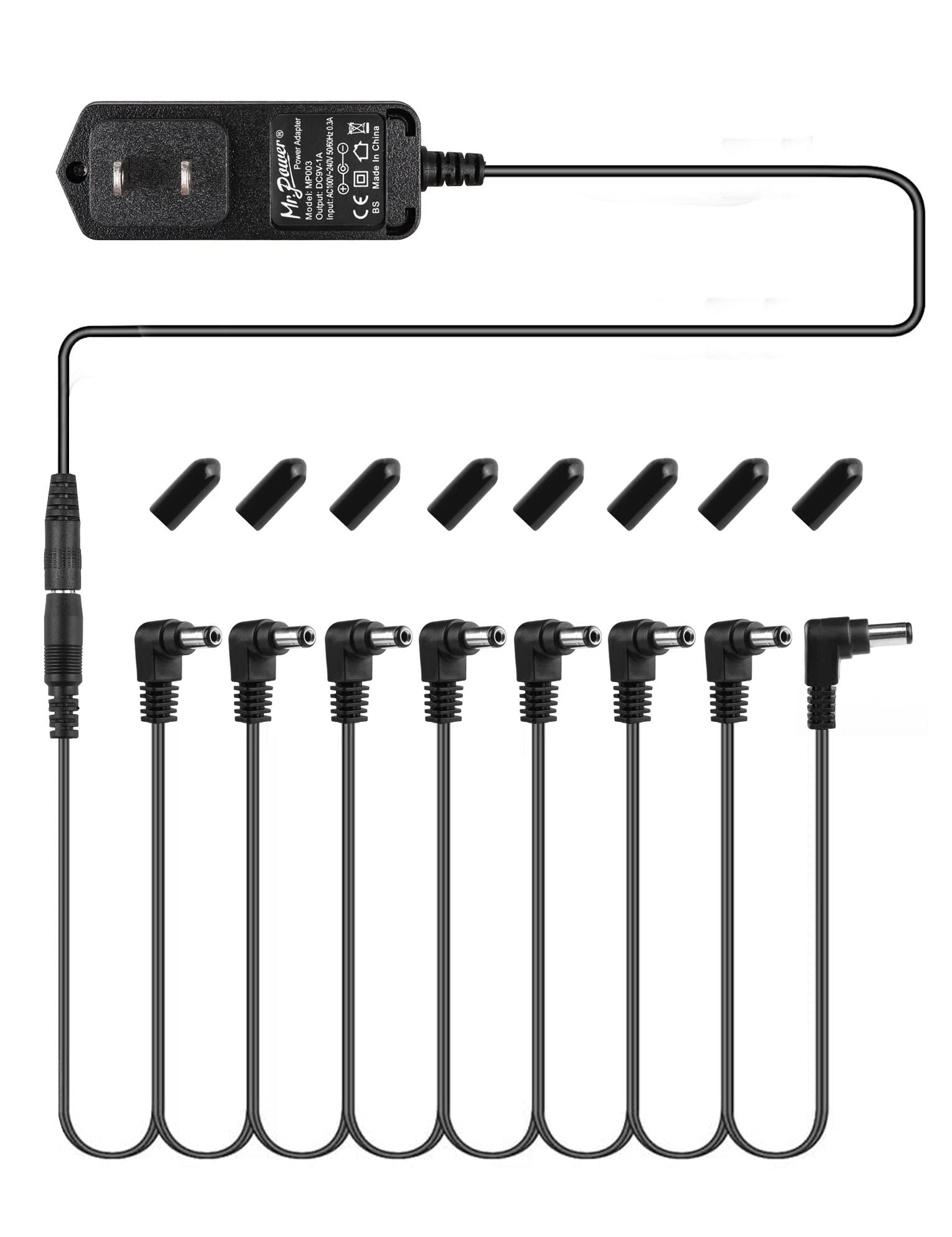 Mr.Power Guitar Effects Power Supply Adapter 9V DC 1A (1000mA) with Daisy Chain Cord Cable and Insulated Cap (9V Adapter + 8 Way Cable)