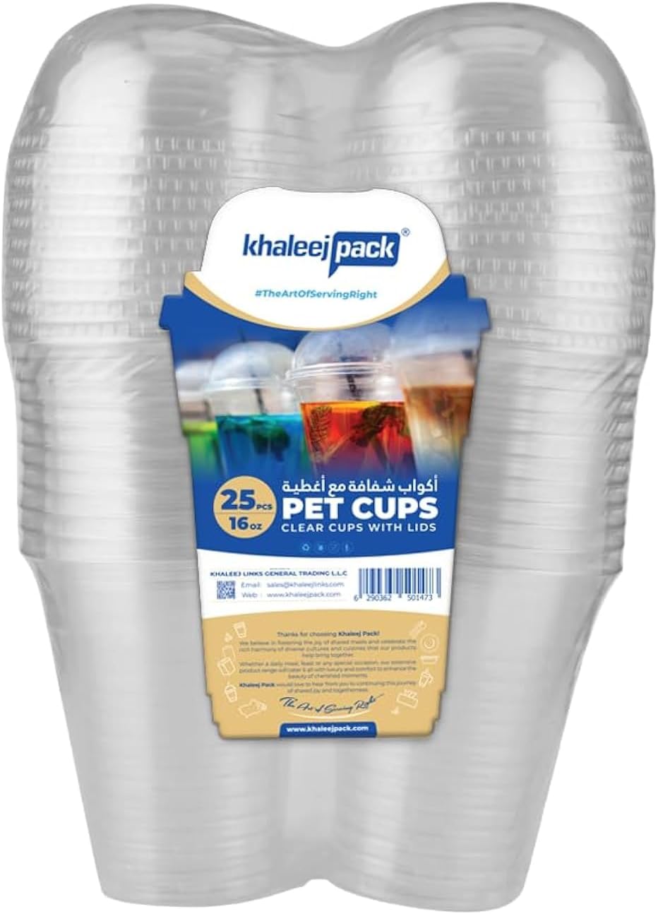 Khaleej Pack Clear Plastic Cups [16 OZ – 25 PCs] with Dome Lids | Disposable Iced Coffee Cups, BPA Free Premium Crystal Smoothie Cup for Party, Milkshake Cups Disposable Plastic Juice Cups