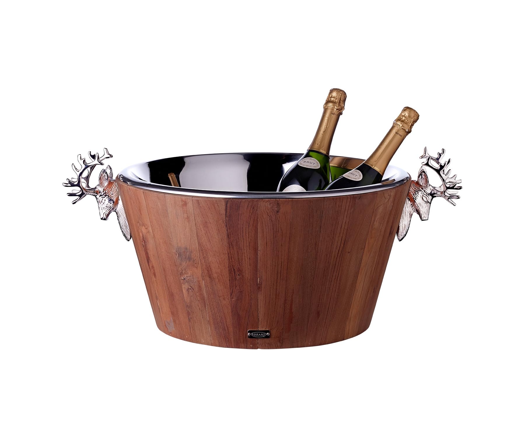 EDZARD Enfriador de vino Franklin (altura 25 cm, diámetro 47 cm), madera de teca reciclada, acero inoxidable, niquelado brillante