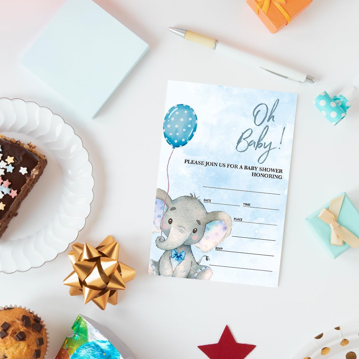 Baby Shower Invitations for Boy Elephant with Envelopes, Invites for Baby Showers Party Blue Balloon Elephant, Oh Baby, 4"x6" Set of 20