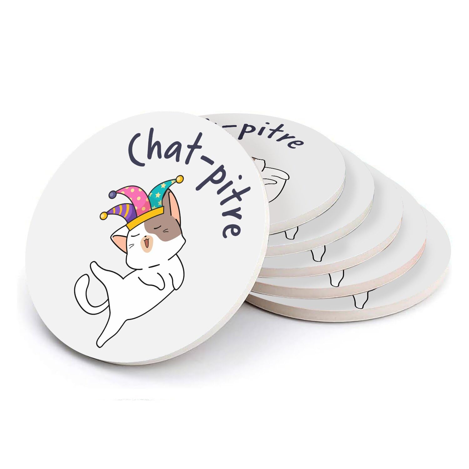 Sous-verre ronds en céramique chat humour pour protection table salon et cuisine